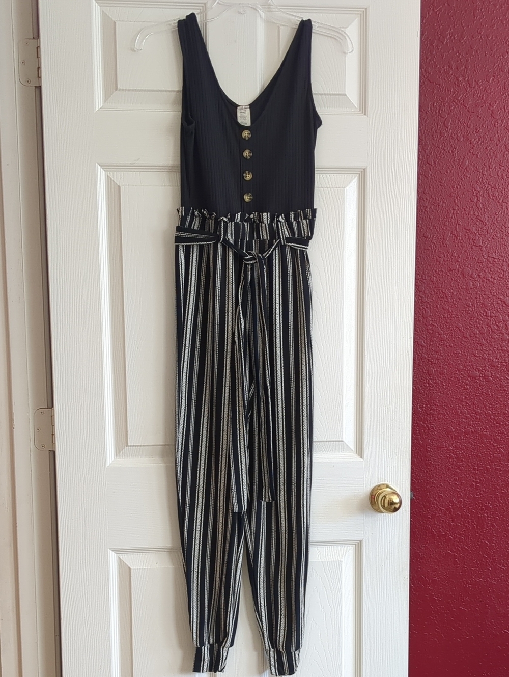 Derek Heart Stylish Black Sleeveless Striped Jumpsuit with Tie Waist Size XS